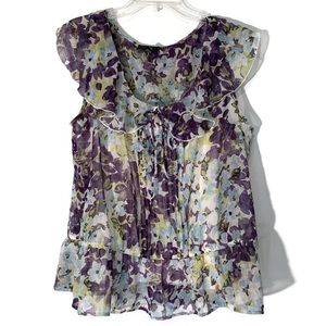 ☘️5 for $25☘️ AGB Floral Print Purple Blue Sheer Sleeveless Blouse Size …